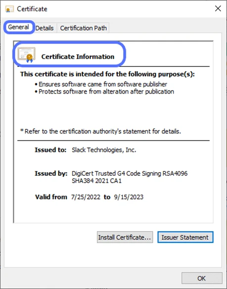 code signing certificate utilized to sign the file