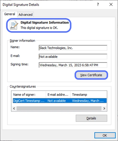 confirmation that the digital signature is authentic