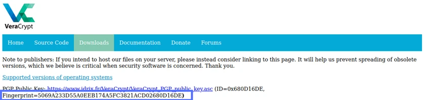 fingerprint displayed on veracrypt website