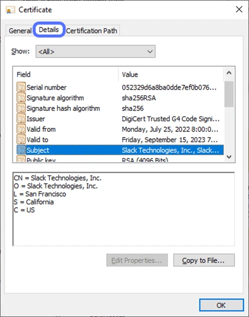 view additional information about the certificate